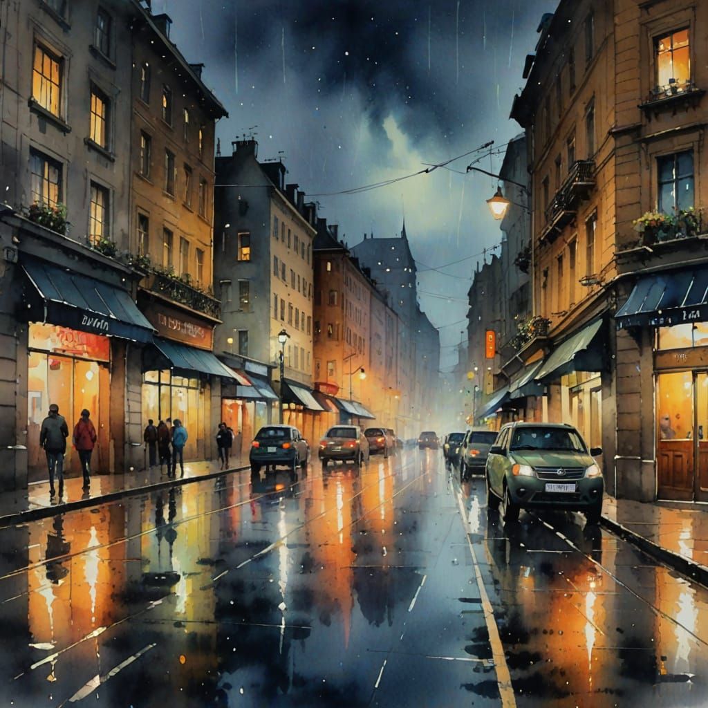 City Street at Night in Watercolor Painting Style