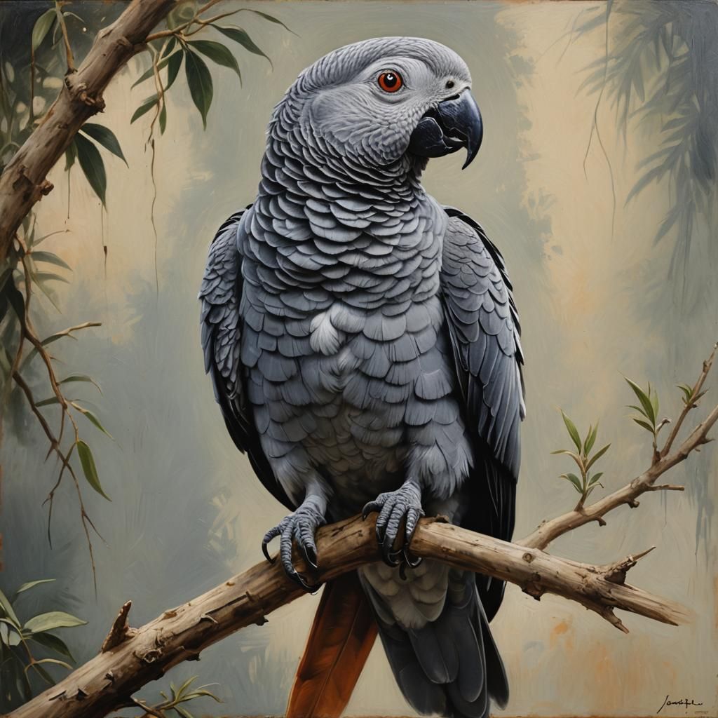 African Grey Parrot in Oil Painting Style