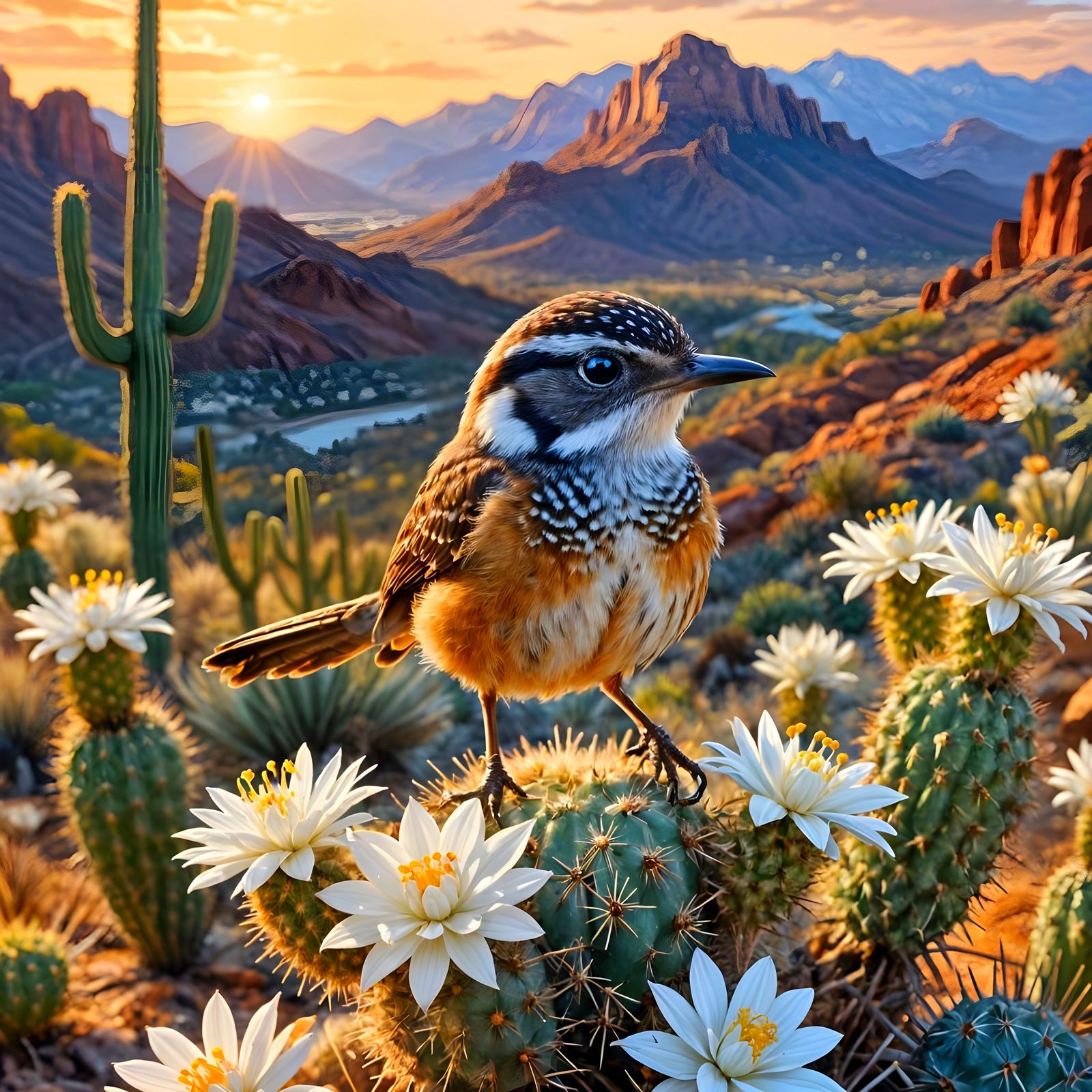 Cactus Wren Foraging in Yucca Flowers: Oil Painting