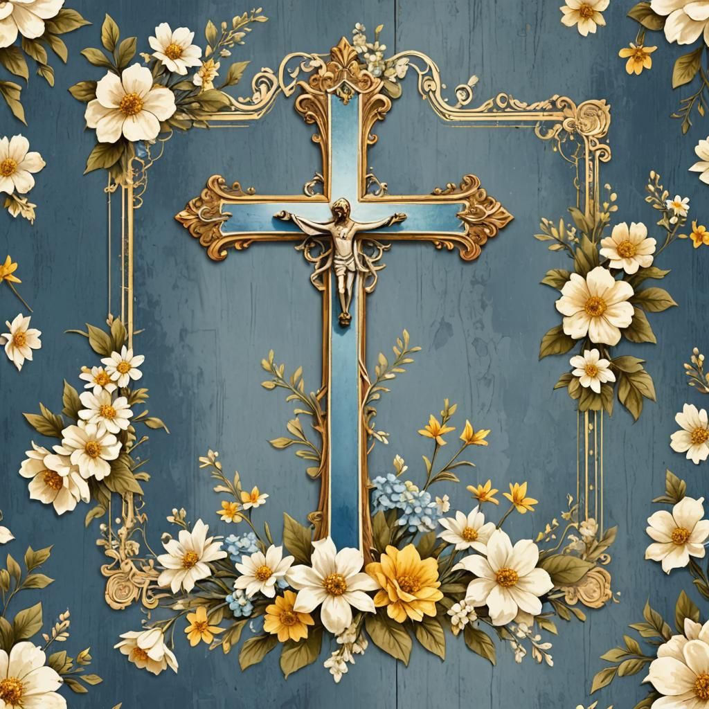 Blue Banner with Antique Cross and Flowers