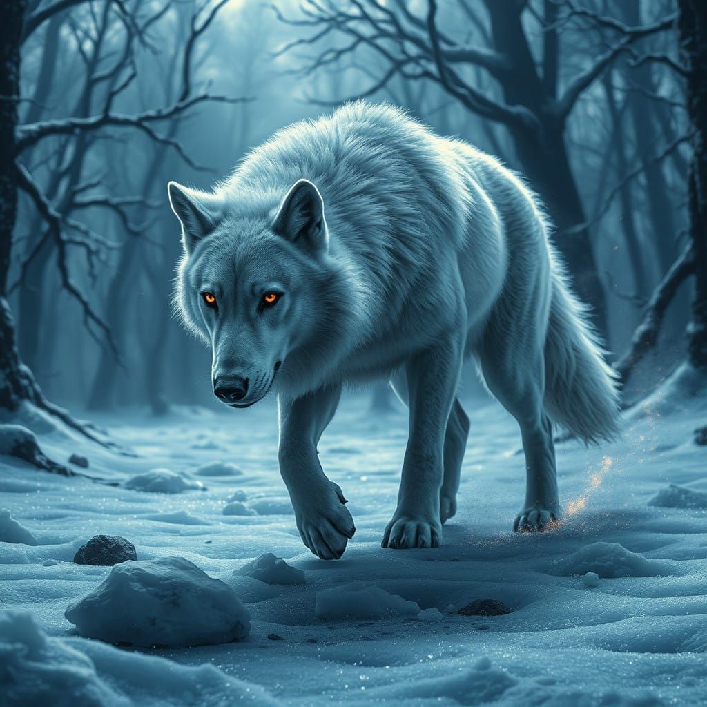 Majestic White Wolf Stalks Dark Fantasy Landscape