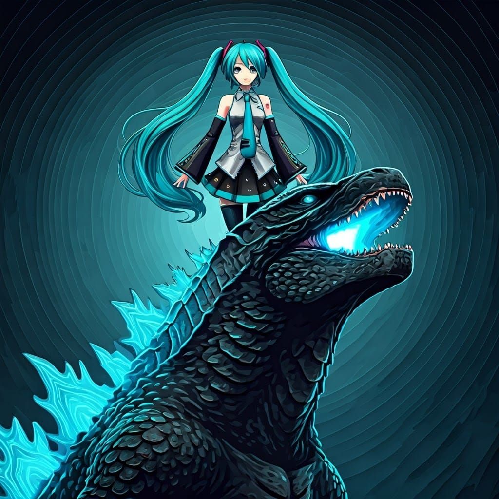 Hatsune Miku Triumphs Over Godzilla in Cyberpunk Dreamscape