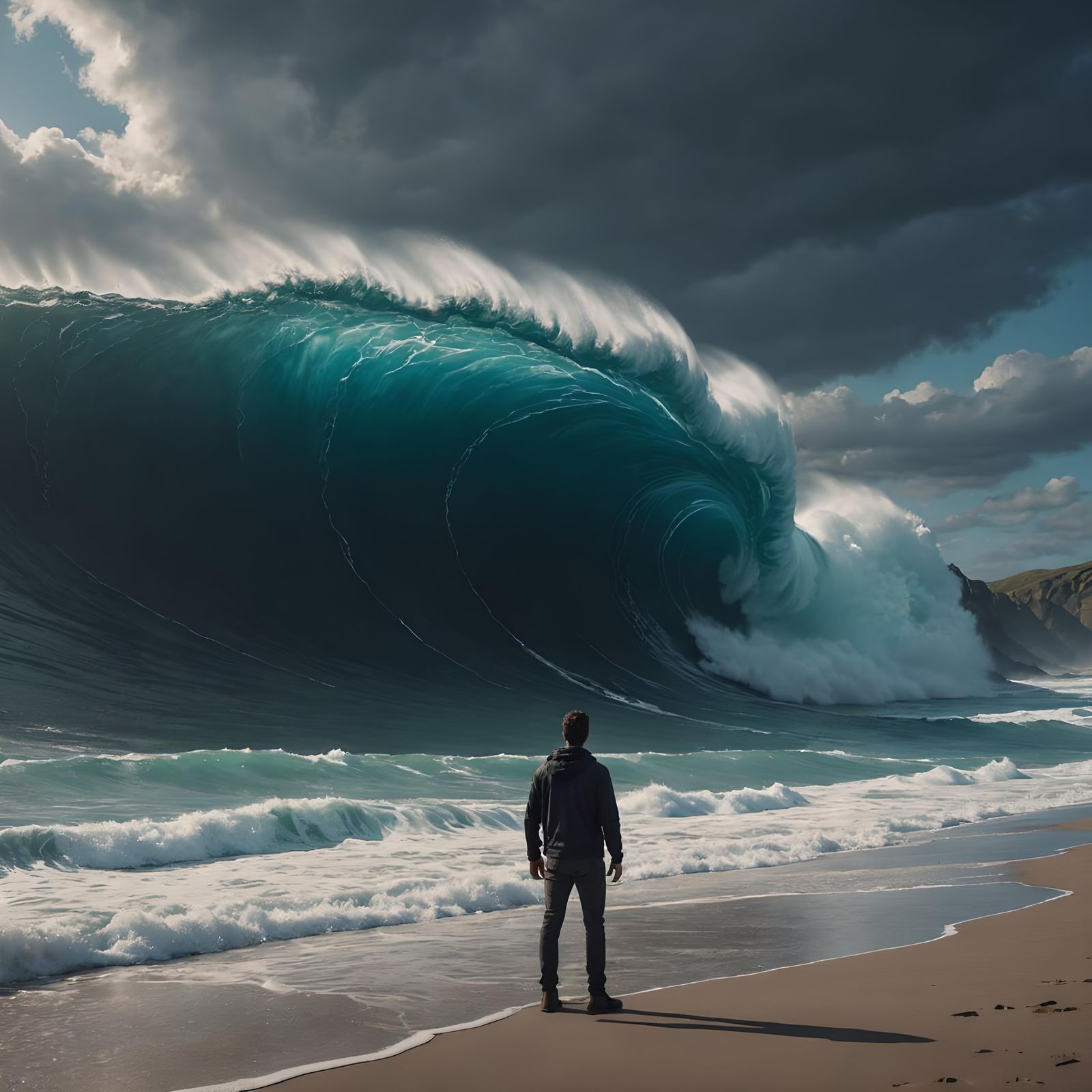 Man Confronts Black Wave: Detailed Matte Painting