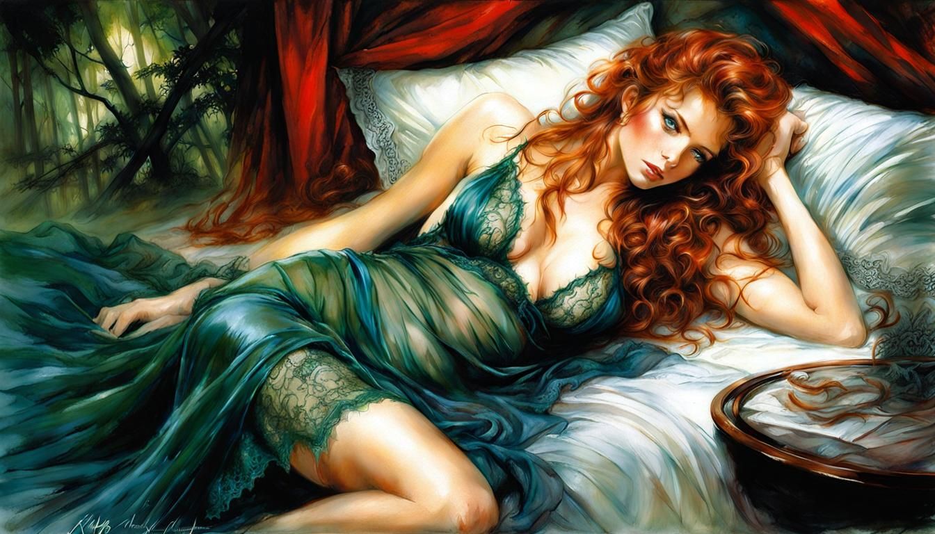 Voluptuous Redhead Waking Up in Bed as Digital Art