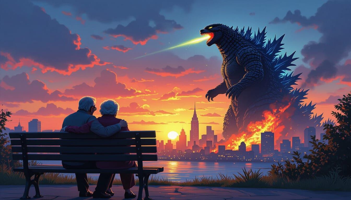 Elderly Couple Embrace at Sunset with Godzilla Attack