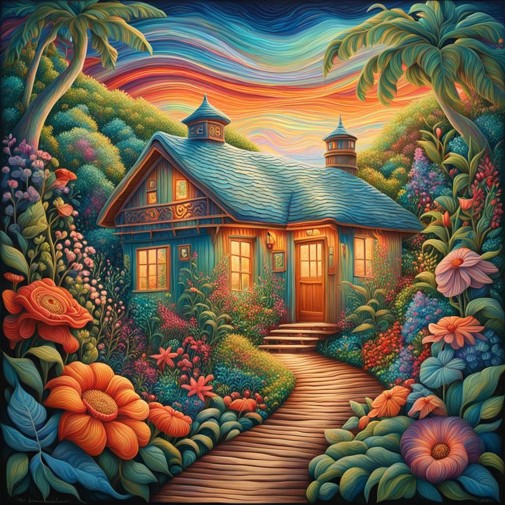 Visionary Beach Cottage in Pablo Amaringo Style