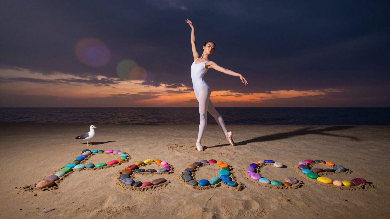 Asian Dancer on Beach at Sunset with 'Peace' in Sand