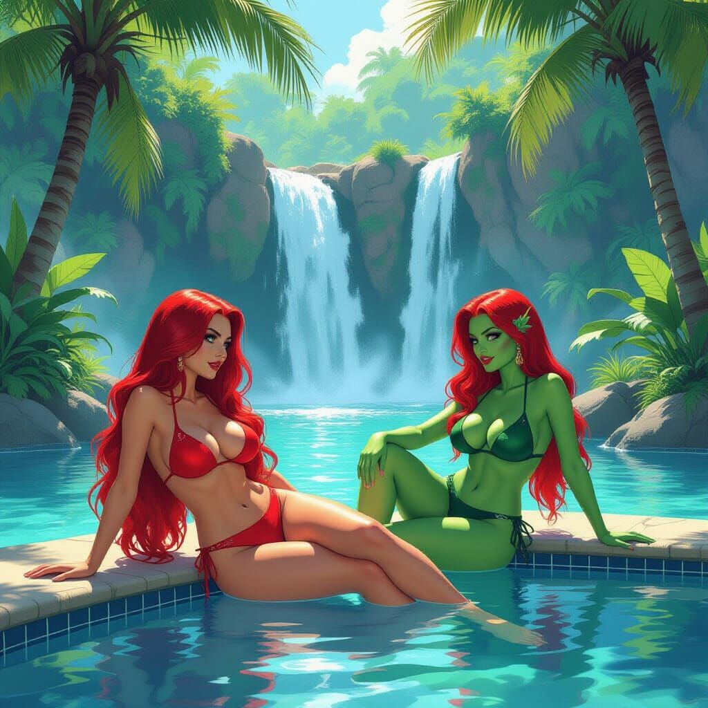 Scarlet Witch and Poison Ivy Poolside, in Frazetta Style