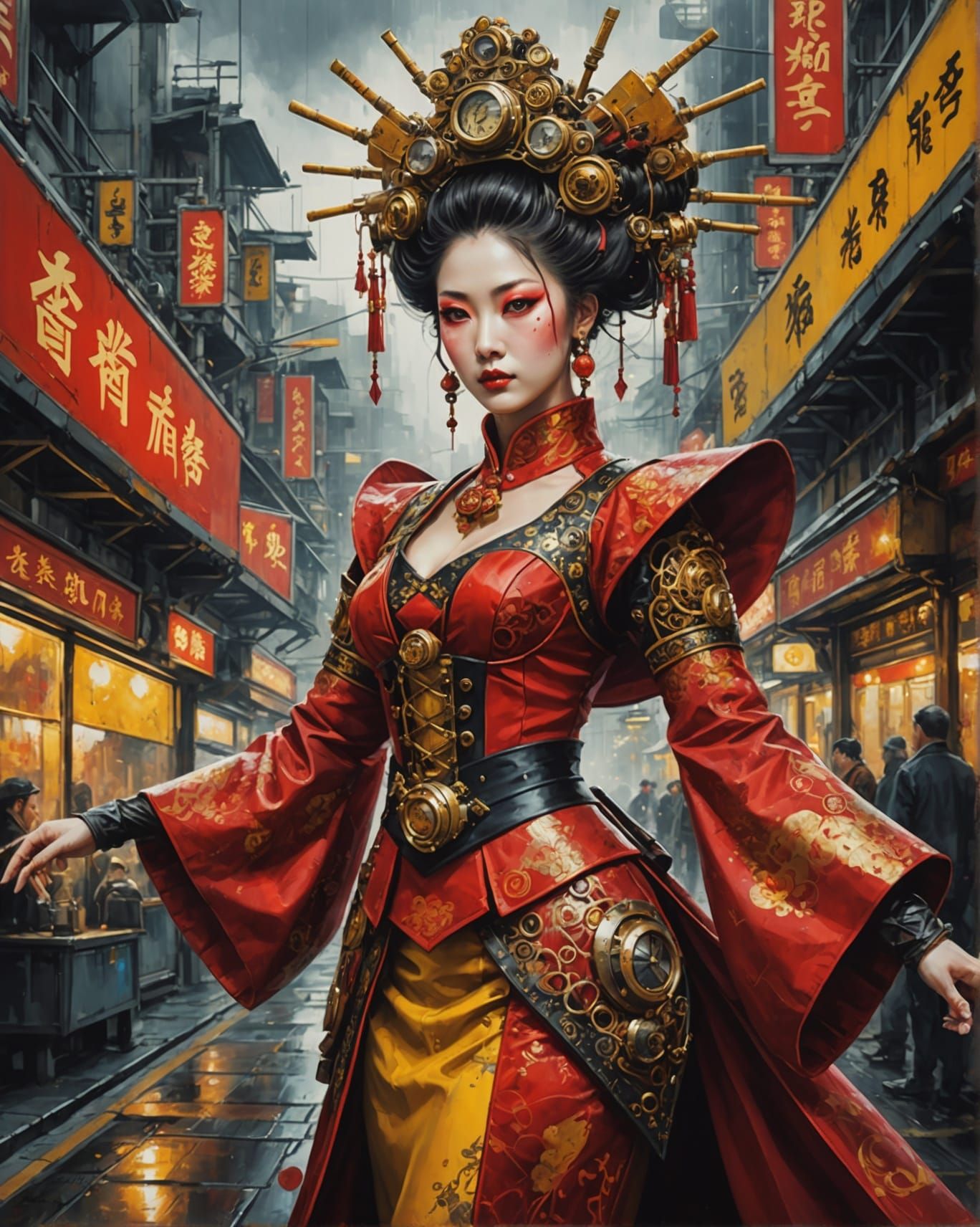 Steampunk Oiran Drives Plane in Vivid Cityscape