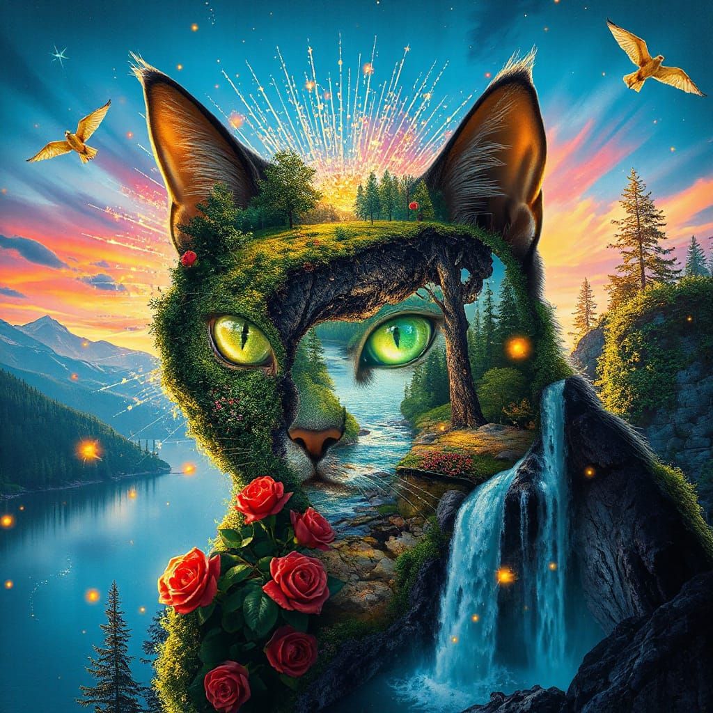 Cosmic Cat Dreamscape in Maximalist Style