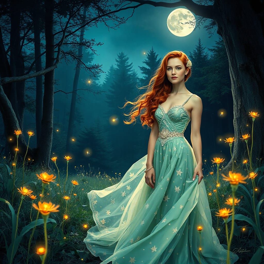 Stunning Woman in Starlight Gown, Art Nouveau Style