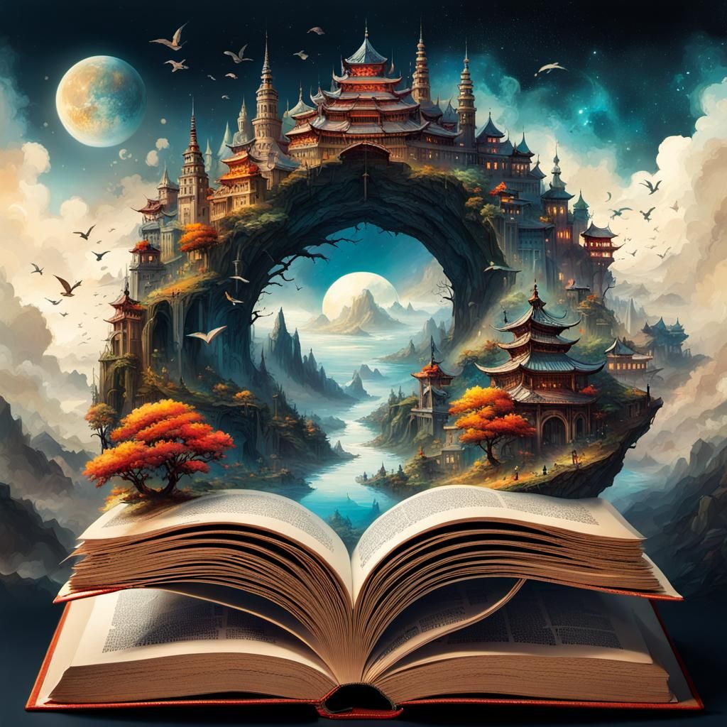 Fantasy World Emerges from Book, Digital Art