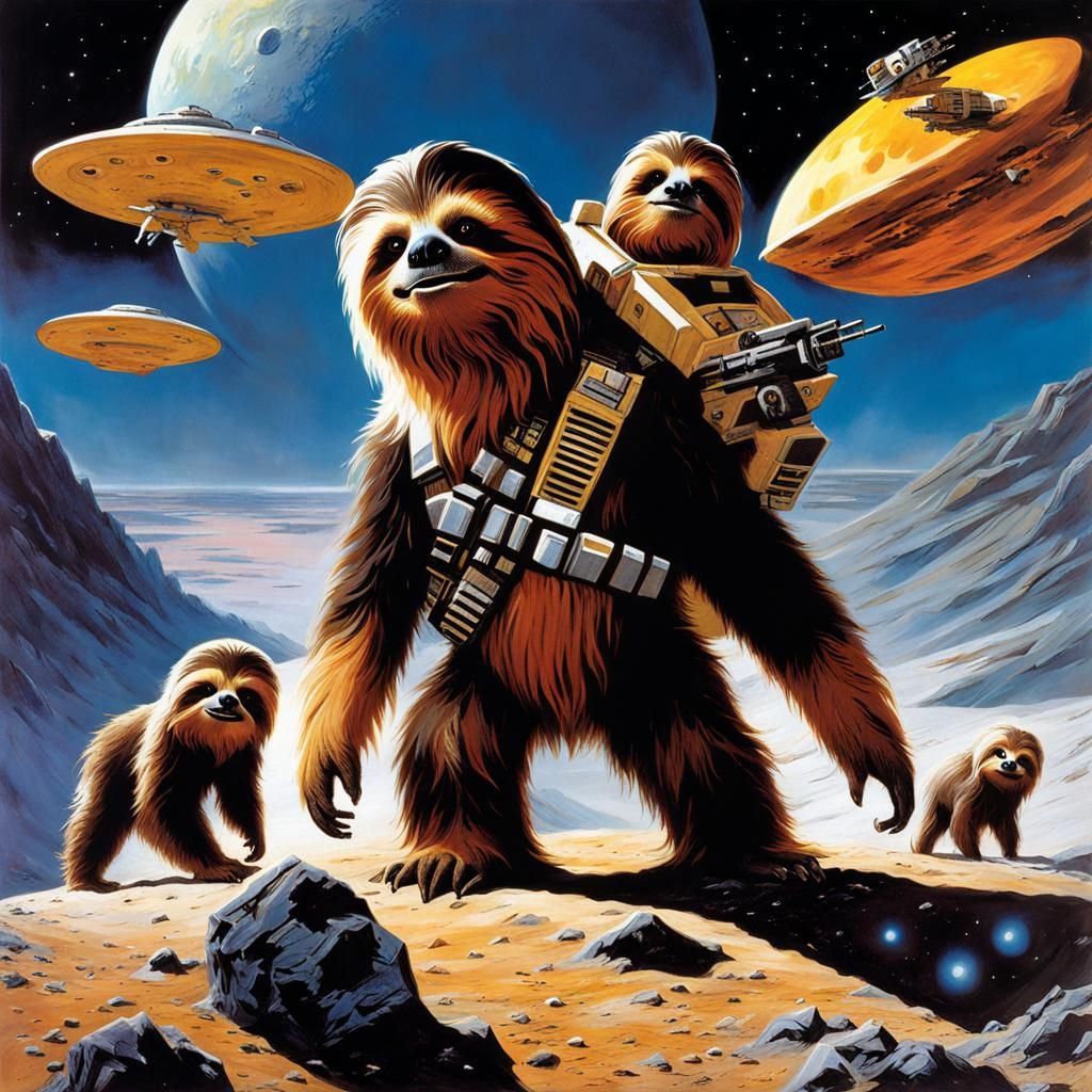 Chewbacca and Sloths on the Moon, Sci-Fi Art