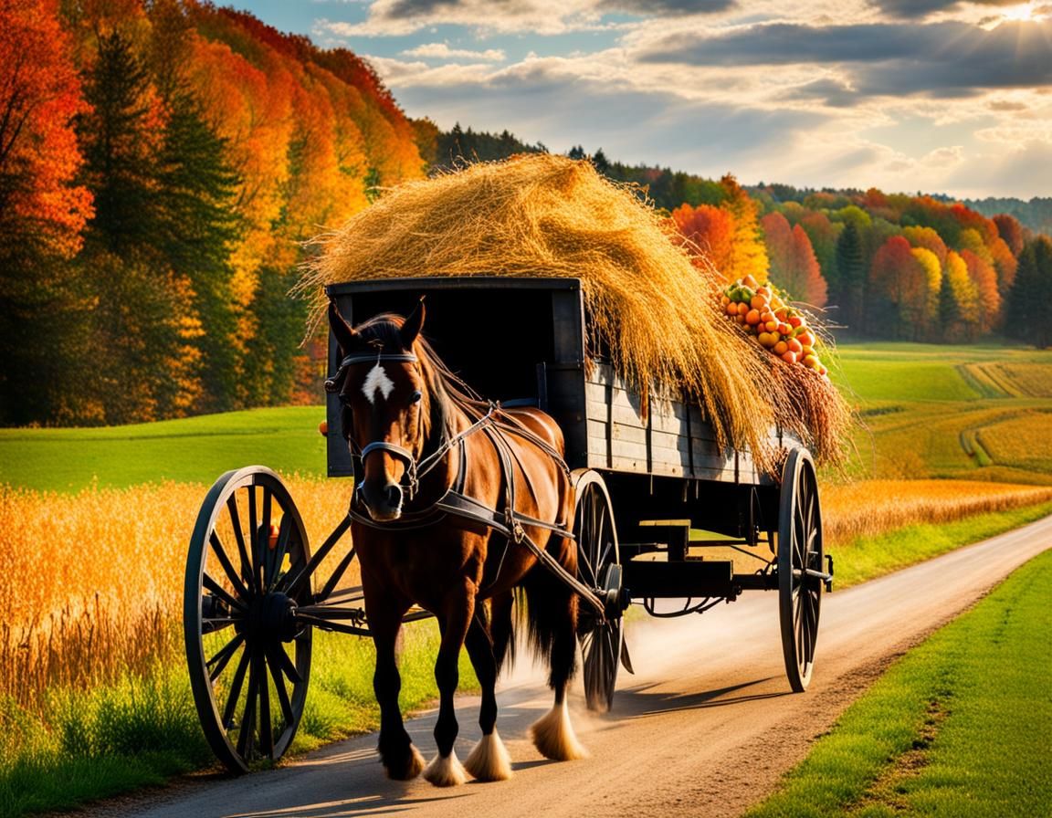 Autumn Harvest: Horse-Drawn Wagon in Rural Landscape