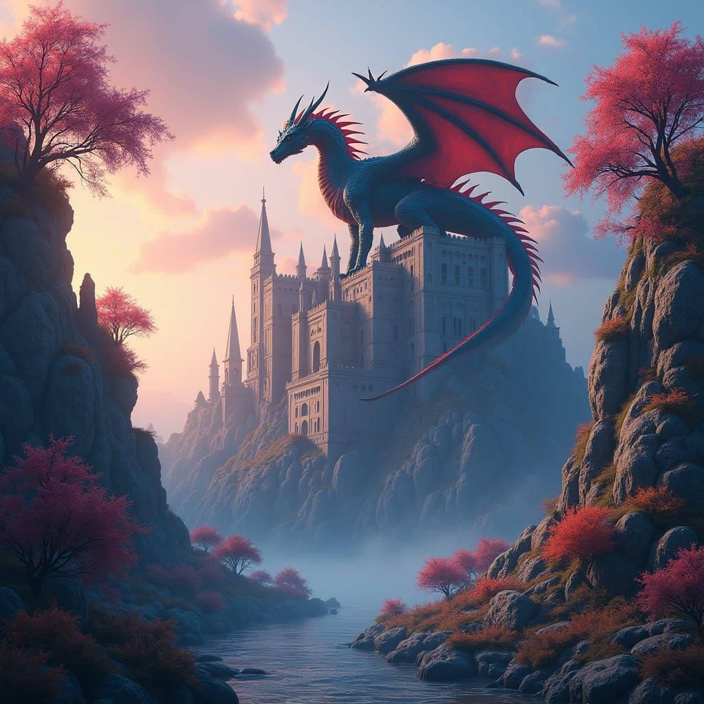 Majestic Dragon on Ancient Castle in Ethereal Aura