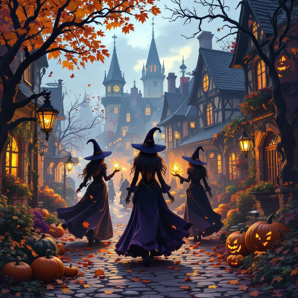Dark Fantasy Witches in Autumn Town With Halloween Decoratio...