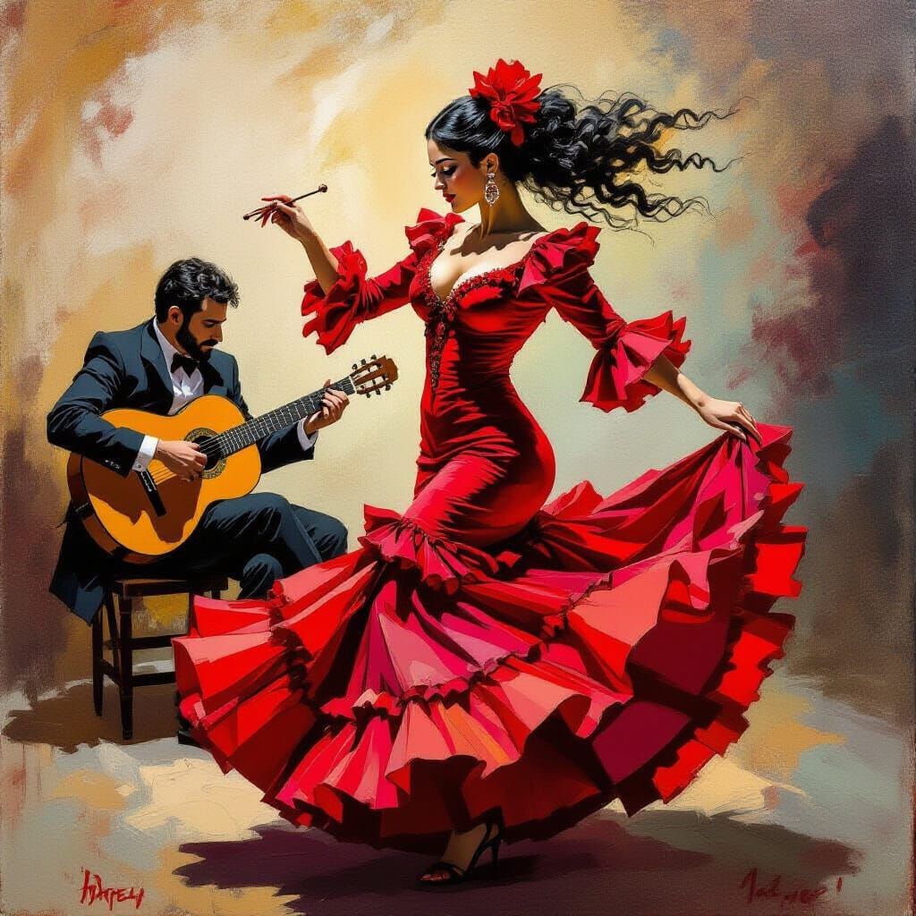 Flamenco Dancer in Surrealist Style, Dynamic Movement
