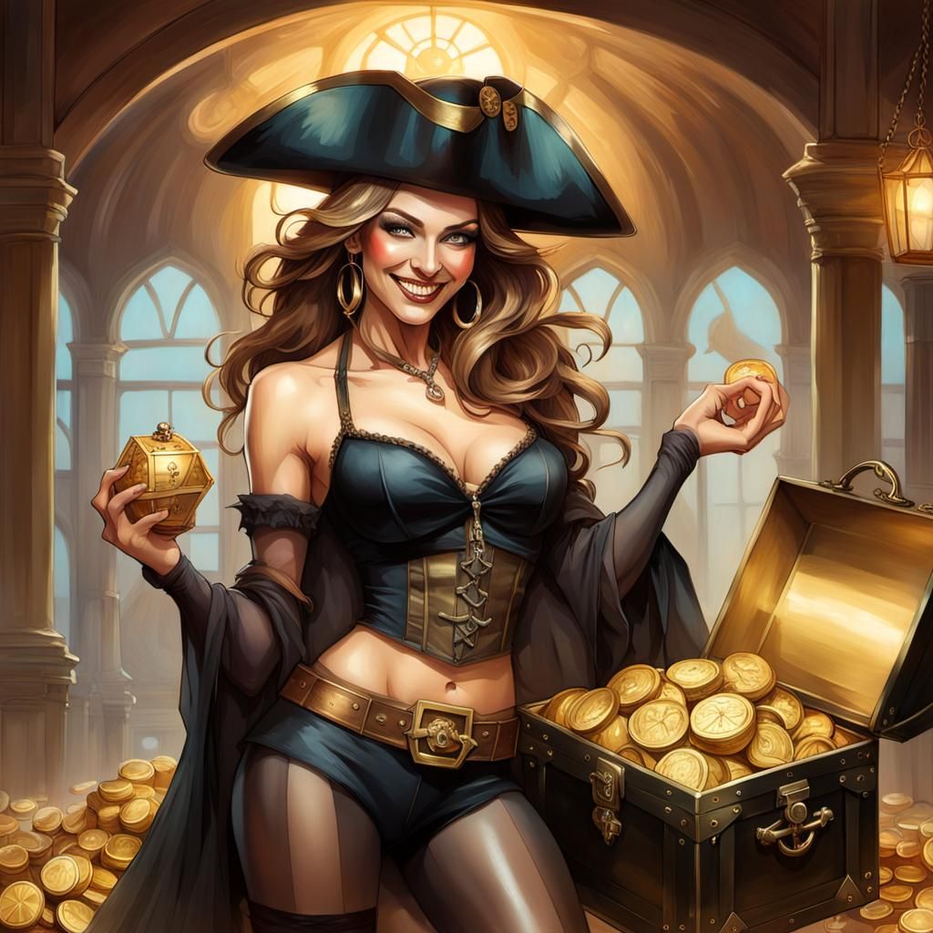 Pirate Woman Portrait with Treasure Chest in Painterly Style