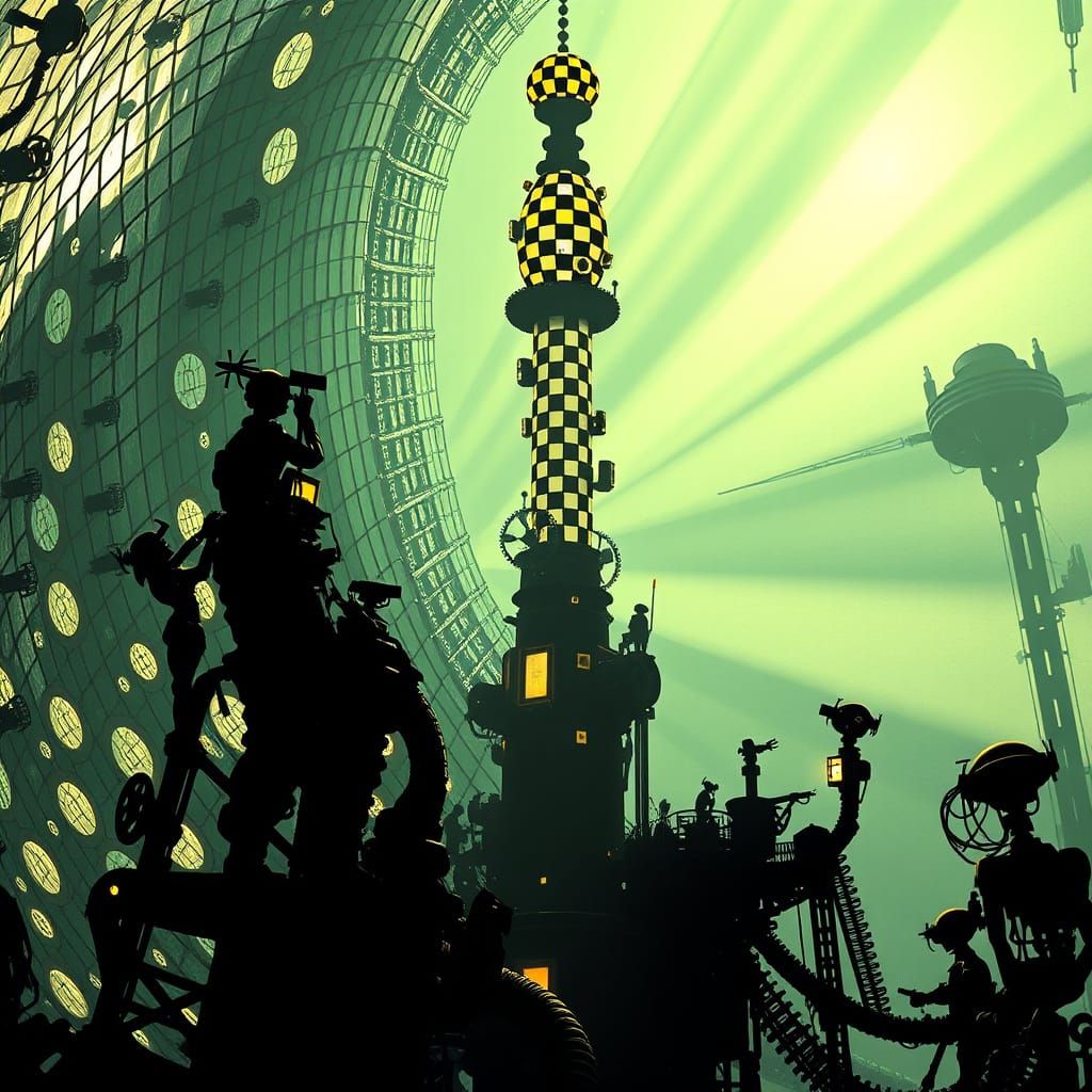 Futuristic Mosaic Dome with Robot Builders