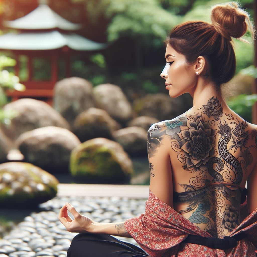 Zen Garden Meditation: Woman with Japanese Tattoos