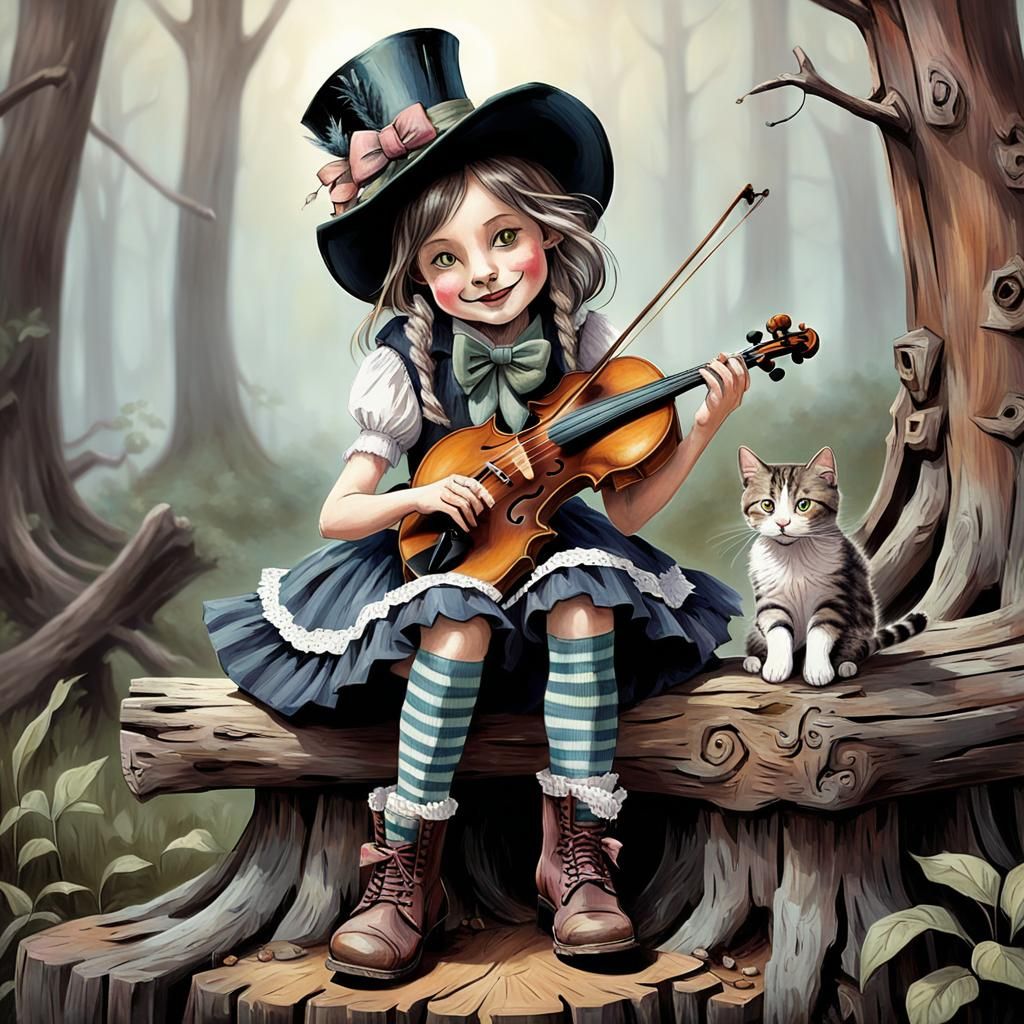 Whimsical Girl Plays Violin: Acrylic and Oil Painting