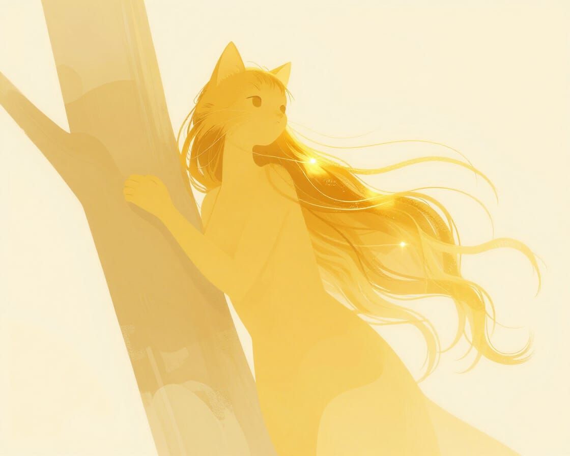 Blissful Cat Woman Leans on Tree in Yellow Abstract Style