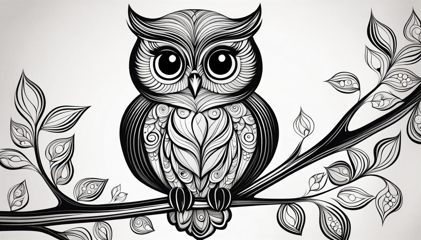 Adorable charming baby owl on a bloomig tree branch, line art, abstract vector fractal, wave function, Zentangle, happy...