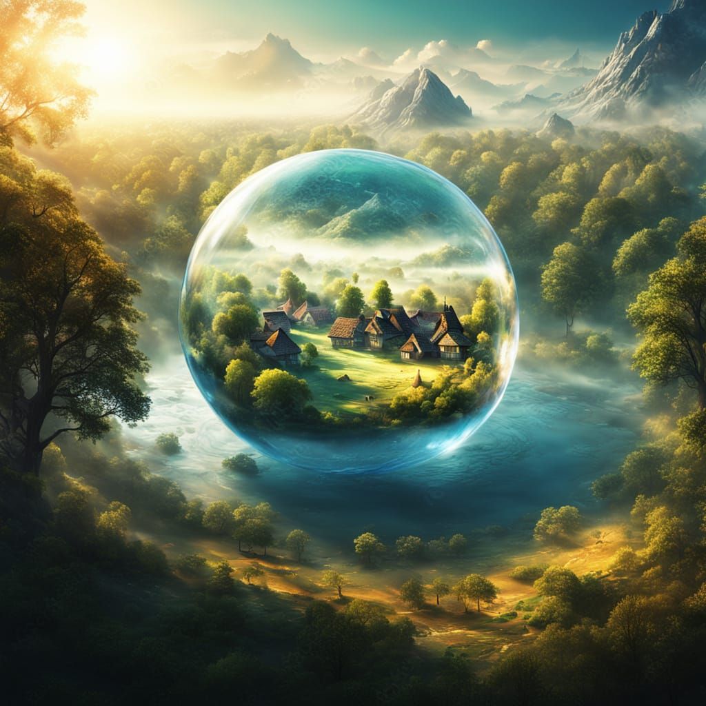 Fantasy Village in Water Bubble Over Forest
