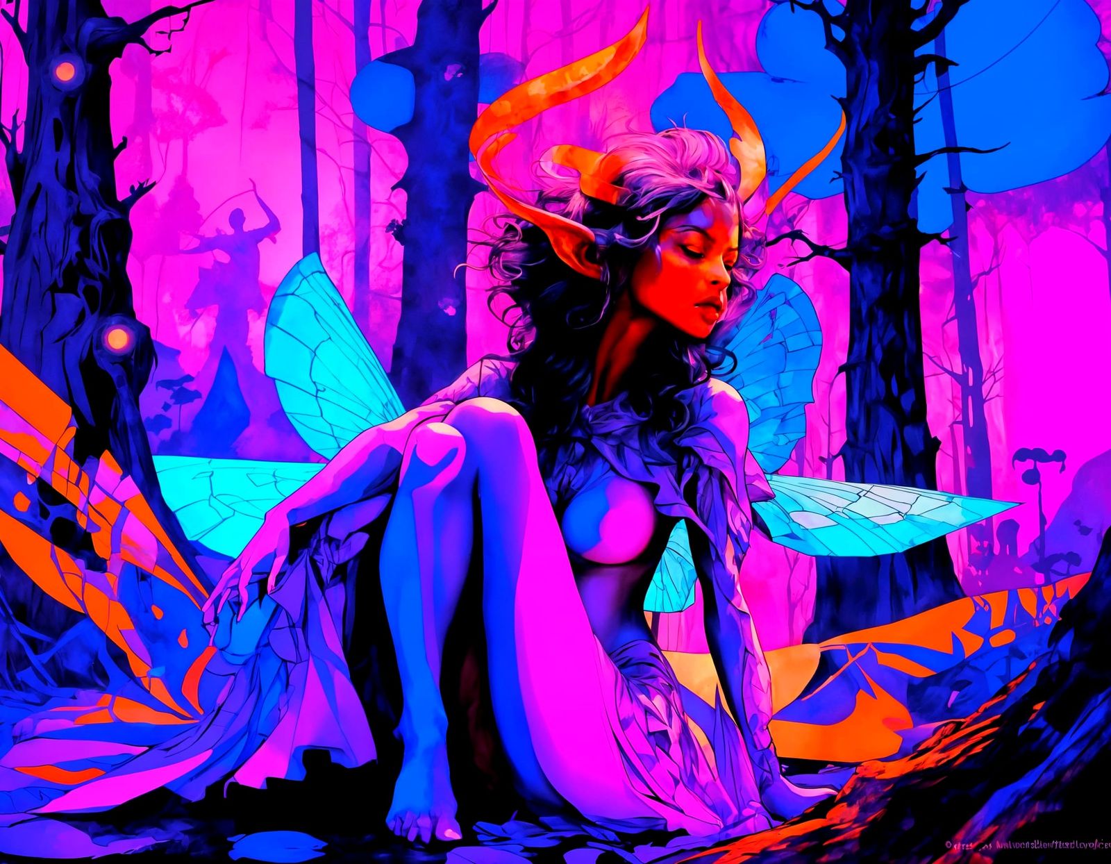 Terrifying Synthwave Fairy in Dark Fantasy Forest