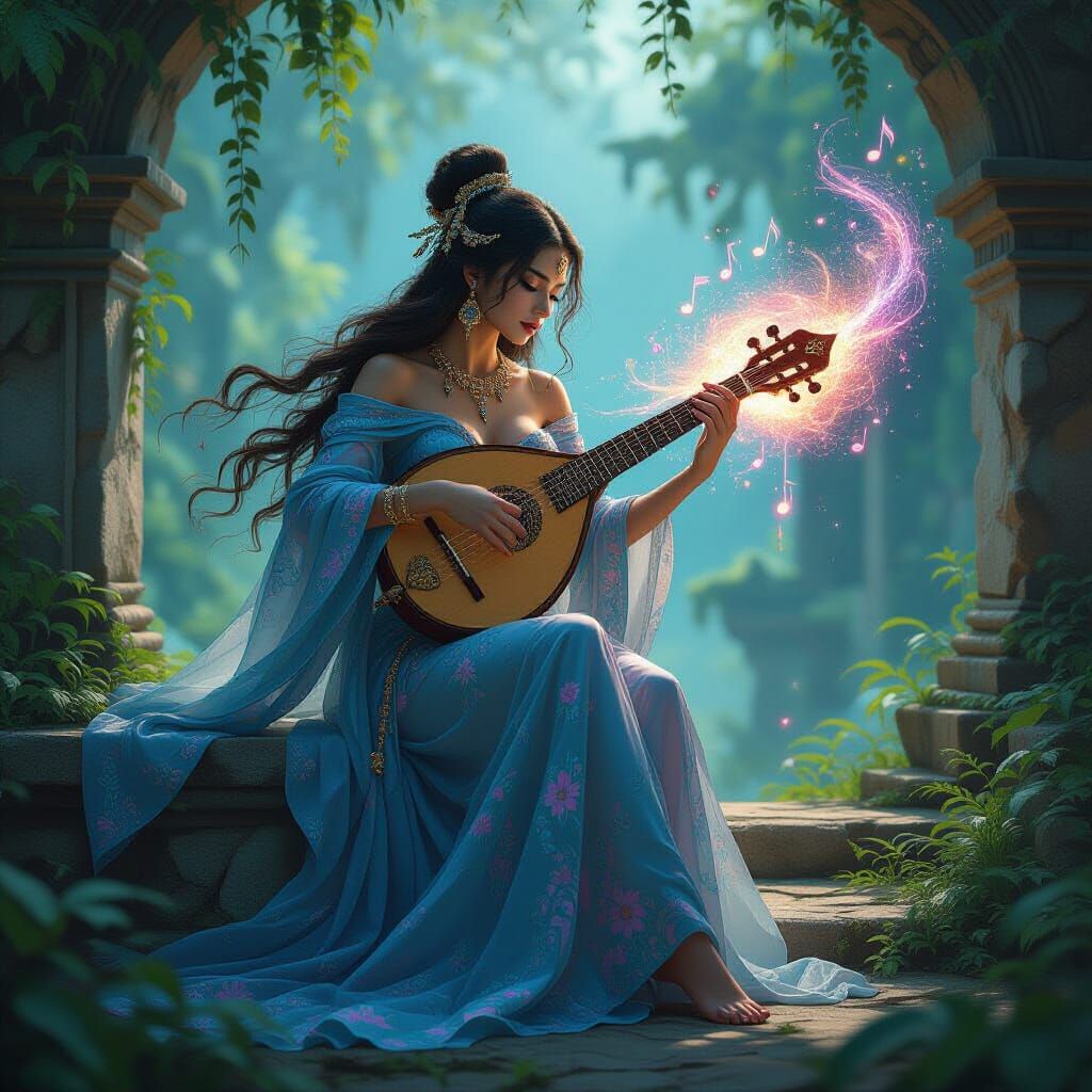 Ancient Goddess Plays Lute in Lush Ruins, Splash Art Style