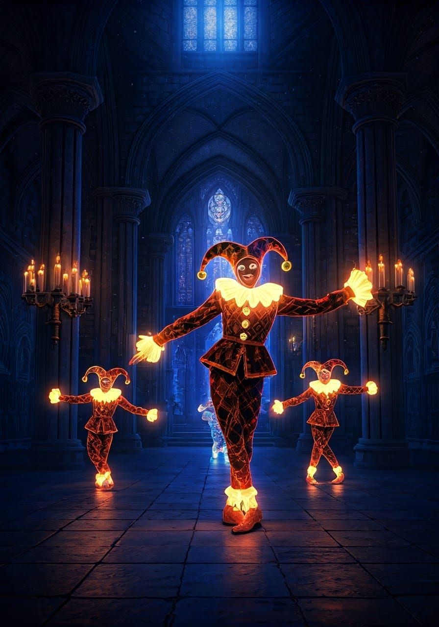 Glowing Jesters Dance in a Dark Castle Ballroom