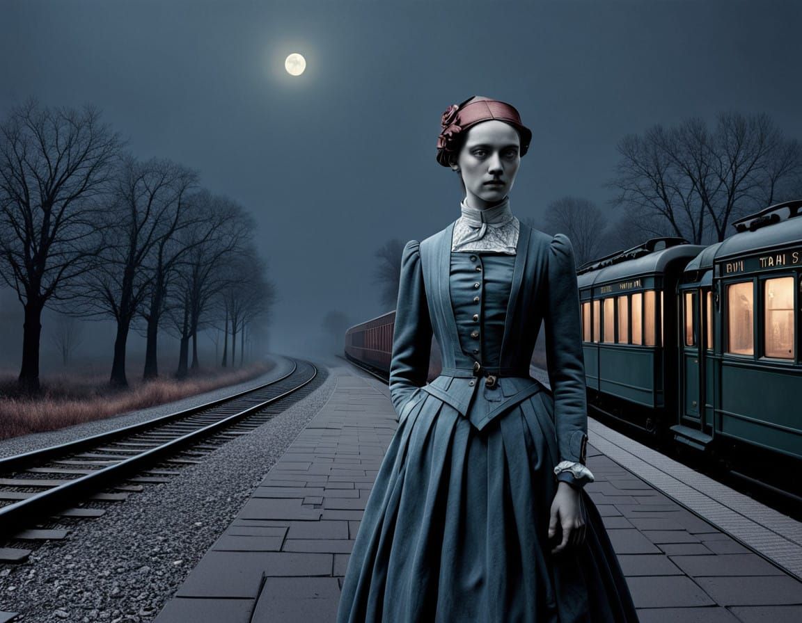 A Lonely Woman Waits for a Train in a Desolate, Foggy Night ...
