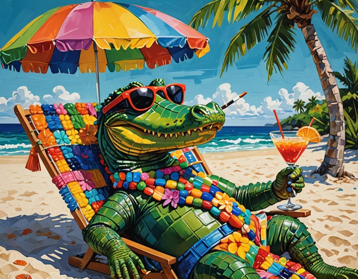 Alligator Beach Party in Caribbean Pop Art Style