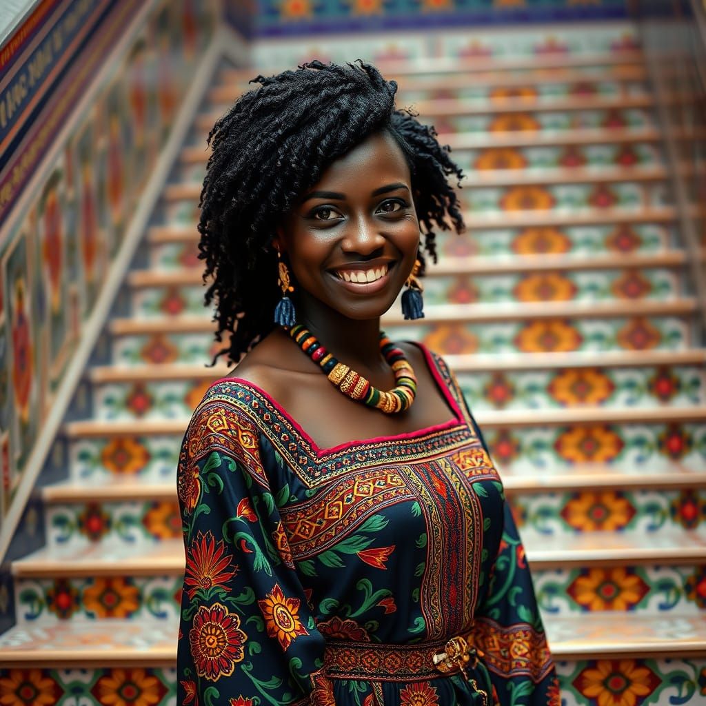 Libyan Woman in Gala Dress on Tiled Staircase