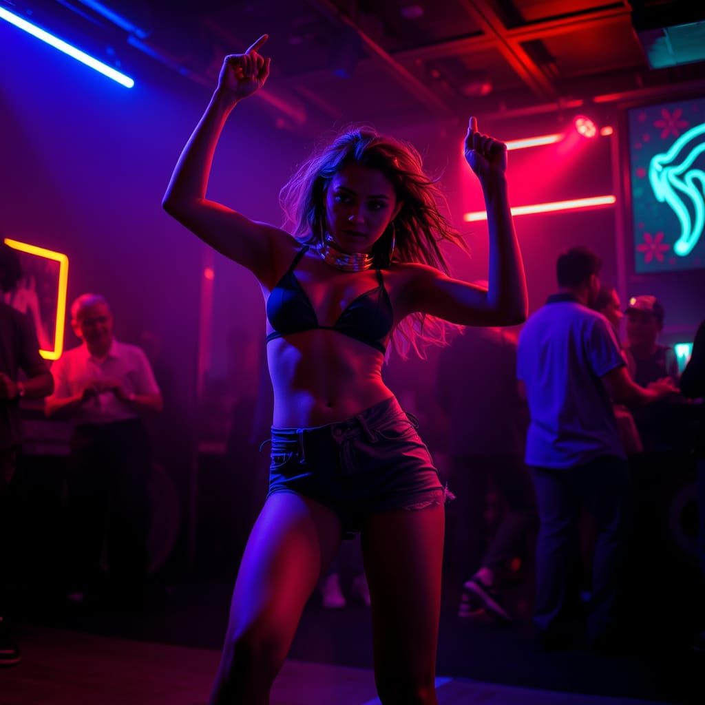 Dancer's Neon Lit Performance in Dark Club