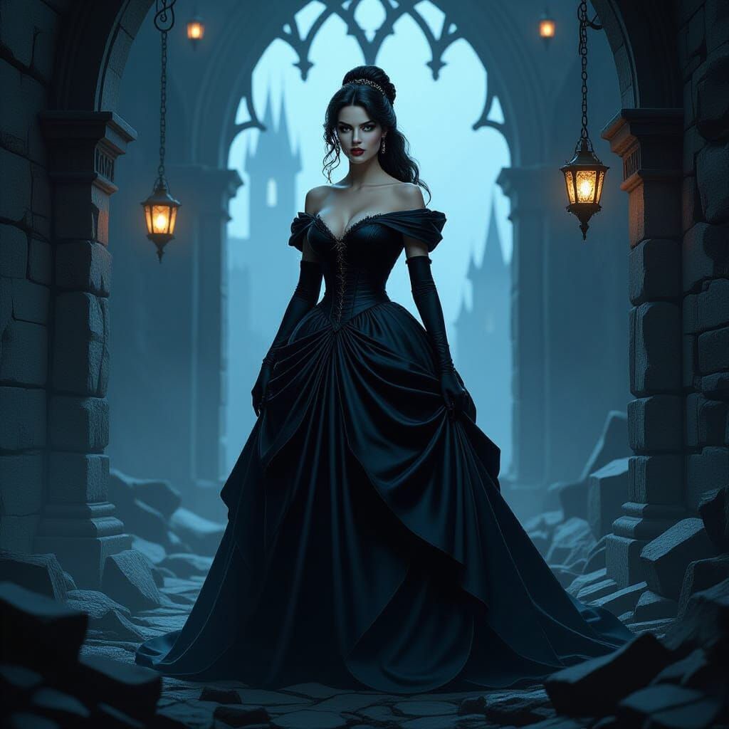 Villainous Belle in Gothic Castle Ruins
