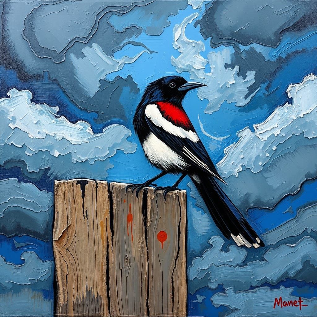 Magpie in Neo-Expressionist Style on Fencepost