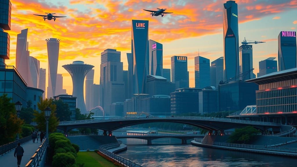 Futuristic City at Sunset with Flying Vehicles