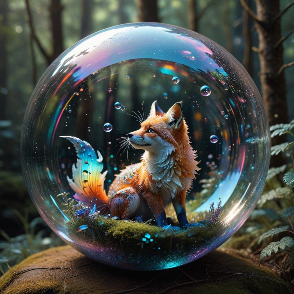Fox Balances Butterfly Bubble: Hyper-Realistic Mixed Media