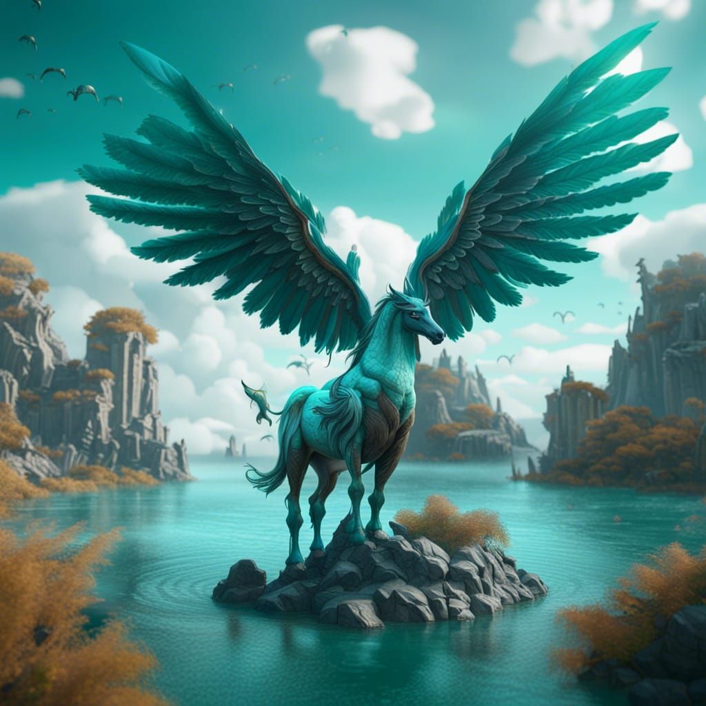 Teal Pegasus on Island: Fantasy Concept Art