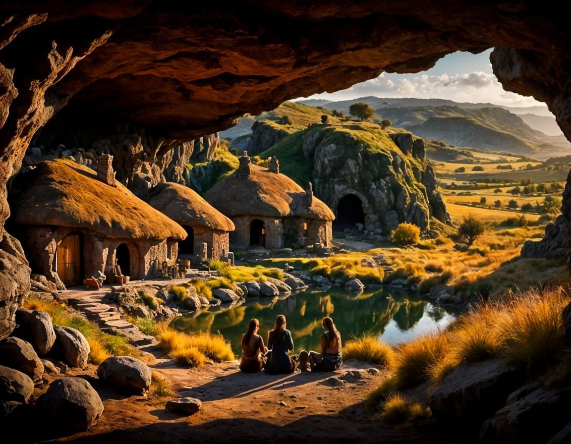 Neolithic Family at Cave Entrance with Distant Landscape