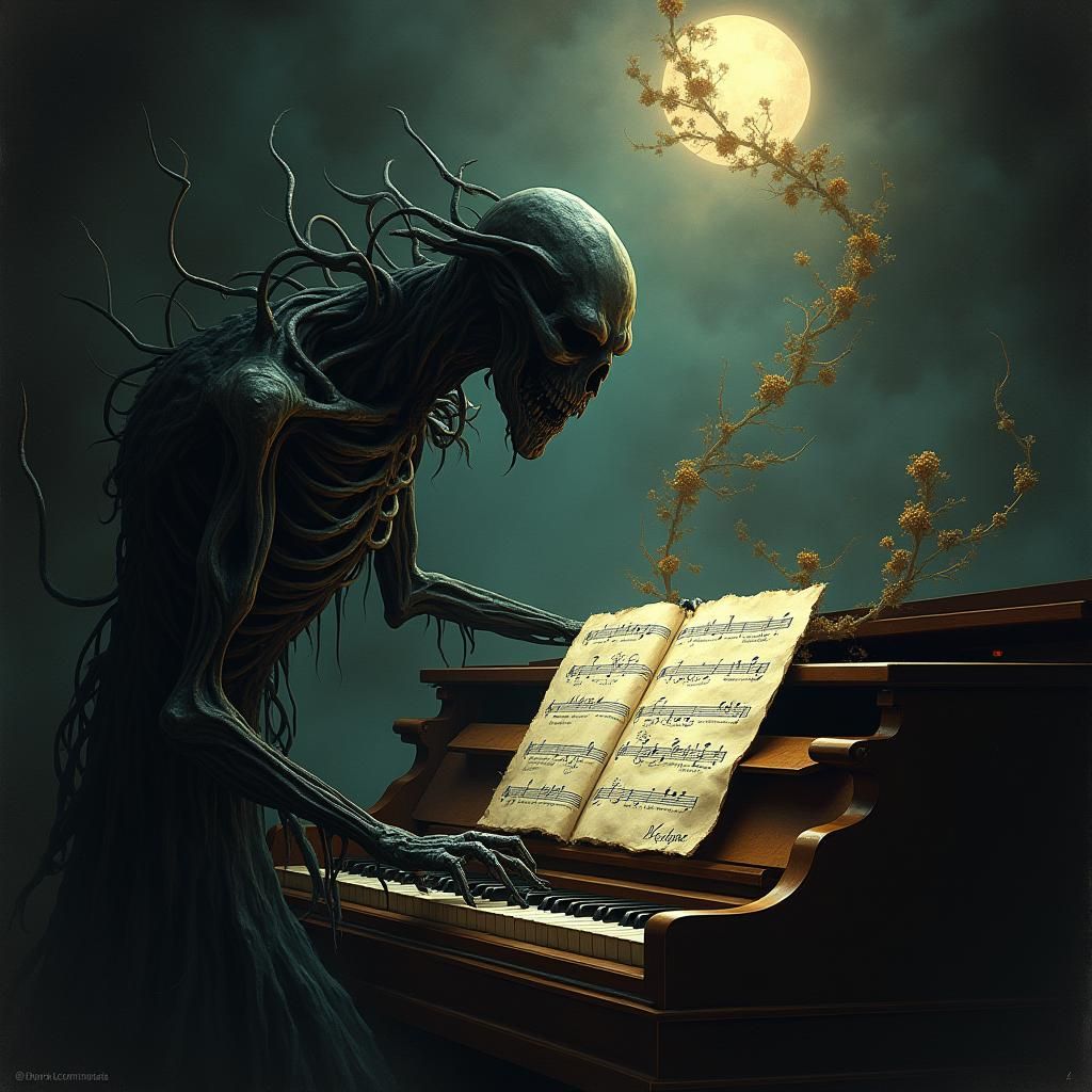 Ethereal Musical Creature Contemplating Piano Masterpiece
