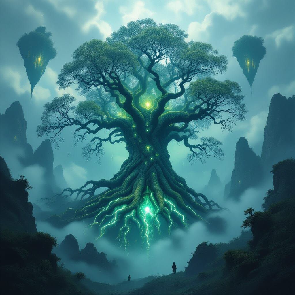 Ancient Bioluminescent Tree on Alien Landscape