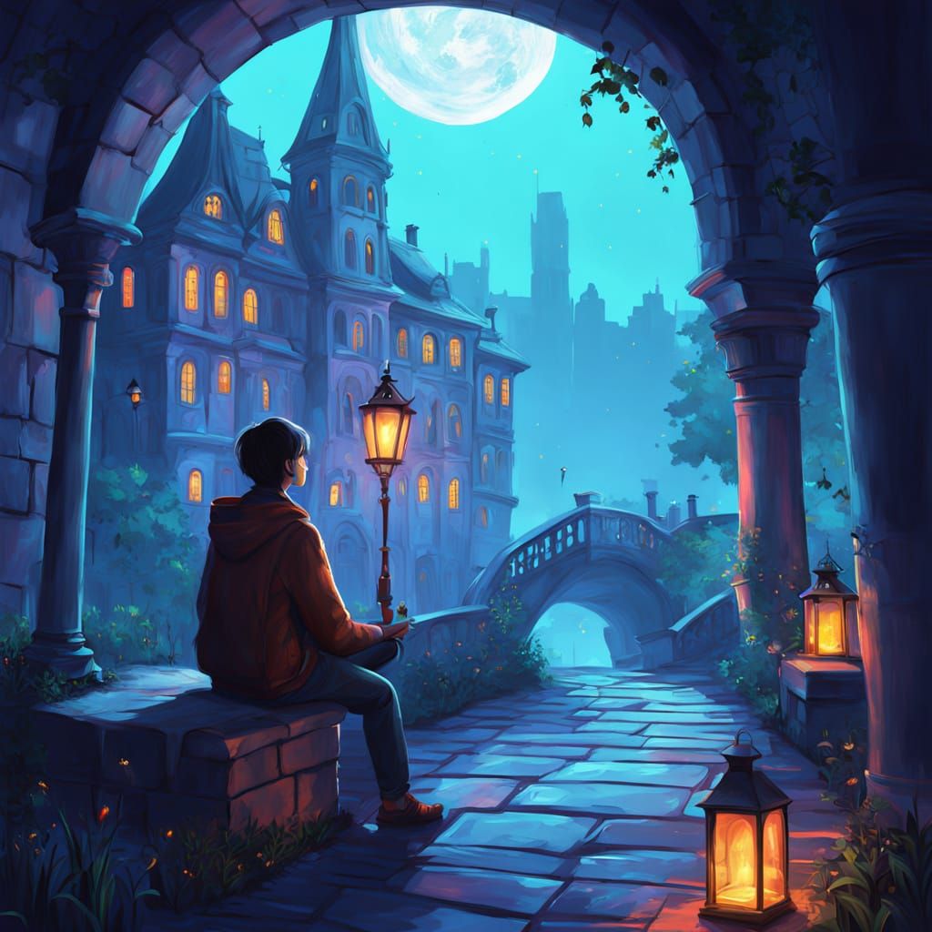 Magical Book City at Twilight in Fauvist Style