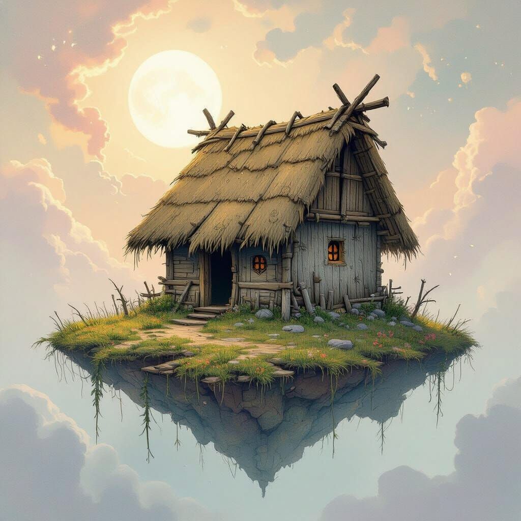 Ancient Hut on Floating Island Amidst Nebulae