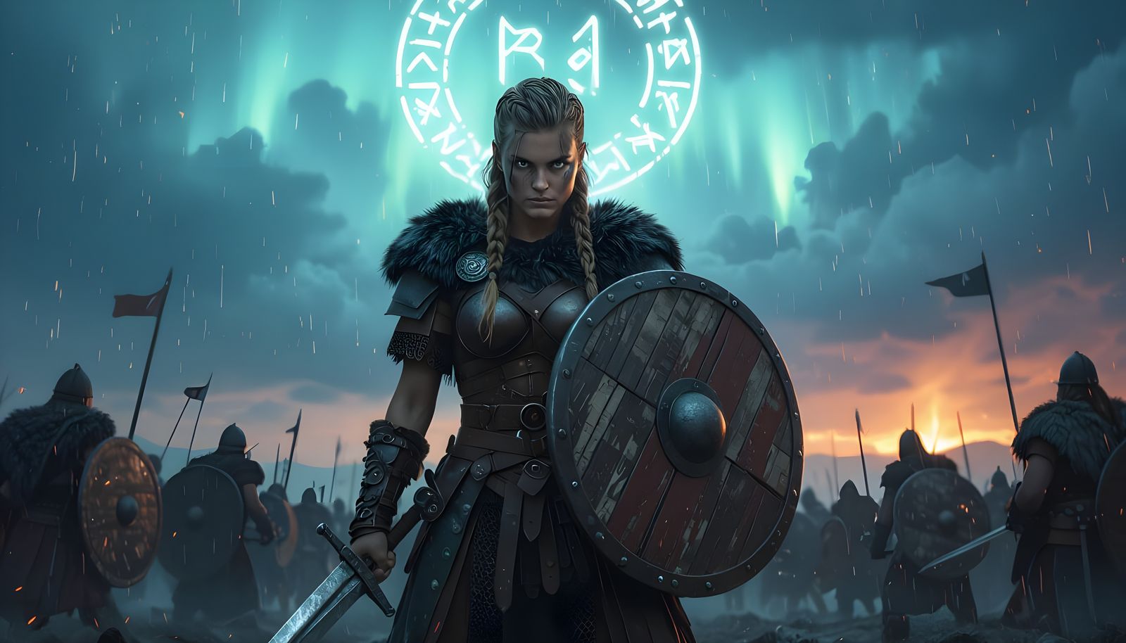 Viking Shieldmaiden Leading Battle Line in Epic Fantasy Art