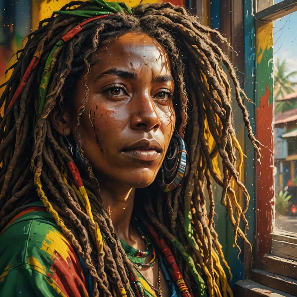 Hyperrealistic Portrait of Rasta Woman by Window
