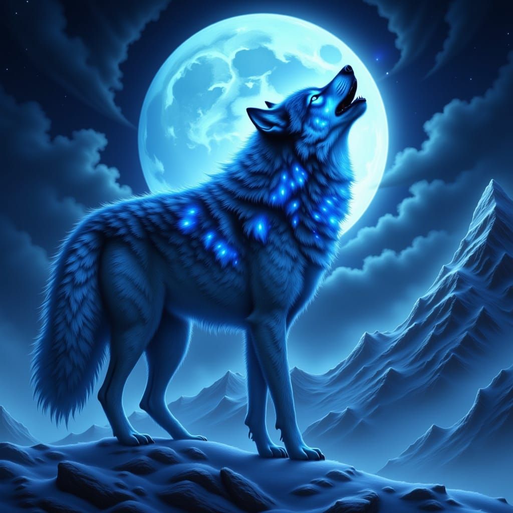 Majestic Wolf Howling at Full Moon on Snowy Peak