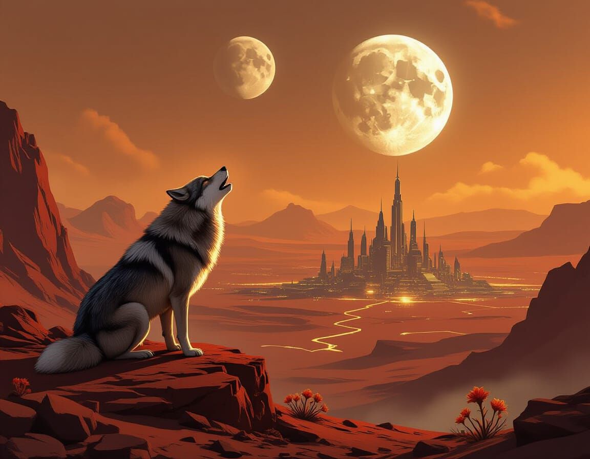 Lone Martian Wolf Howling at Twin Moons