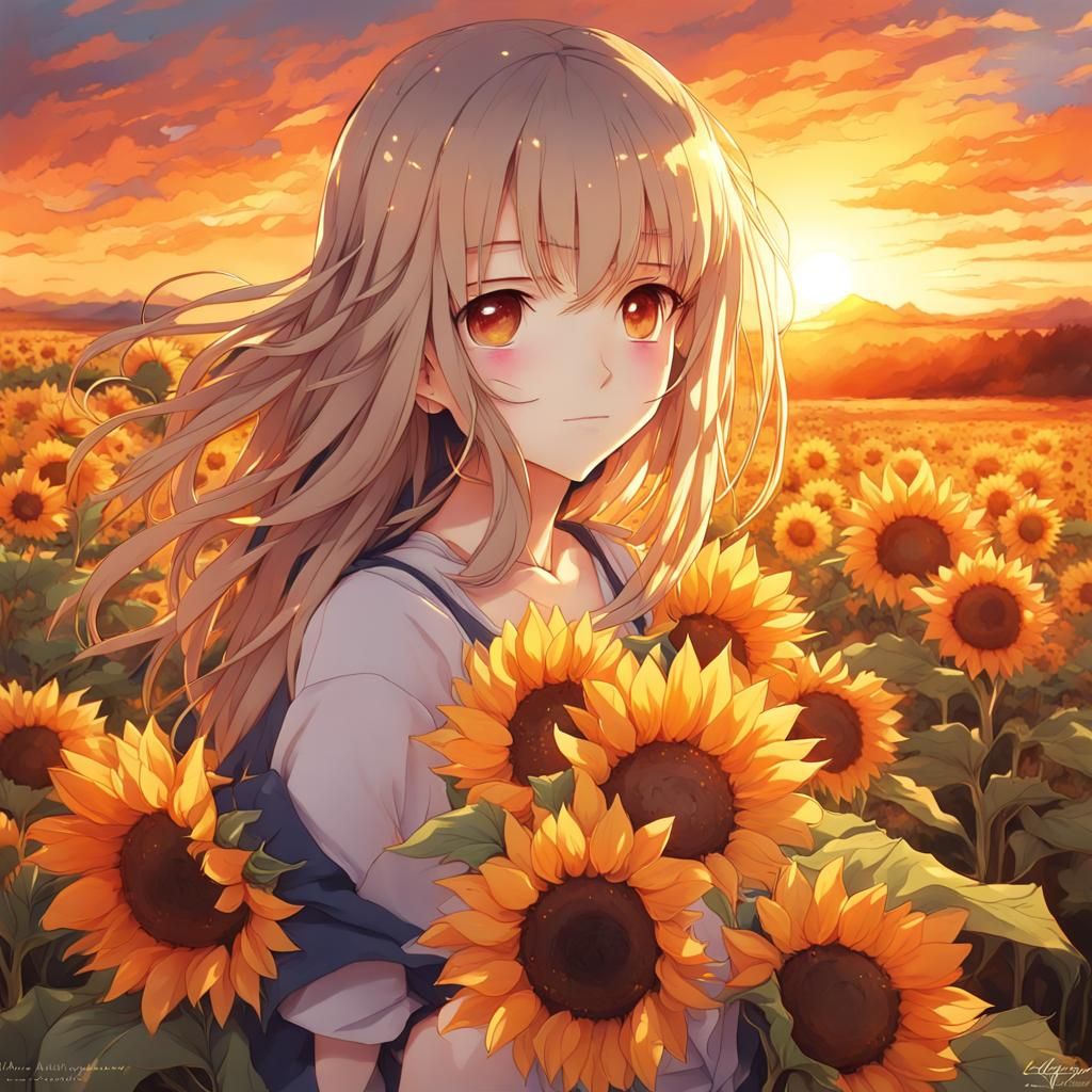 Anime Sunflower Field at Sunset